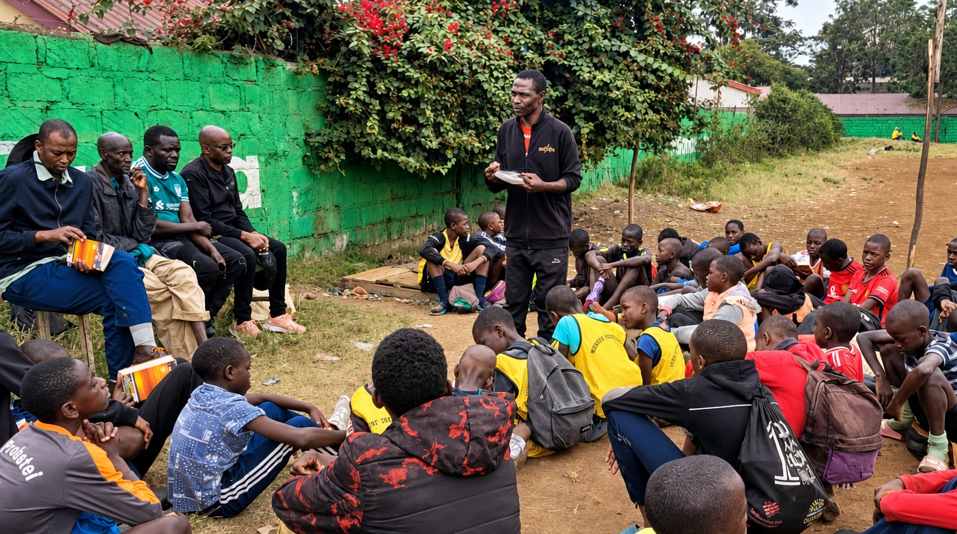A ministry leader teaching a large group of boys and mentors outdoors