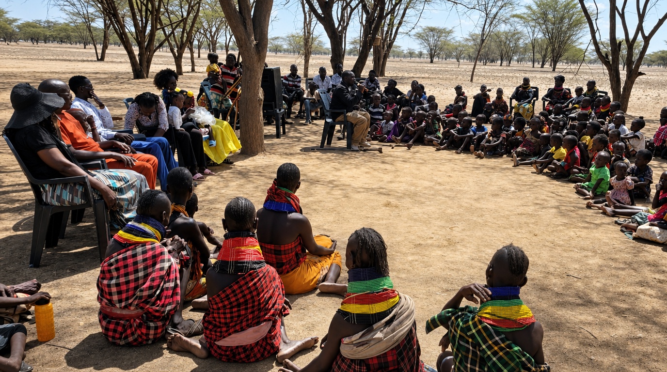 A community gathered in a circle outdoors, listening to a leader speak