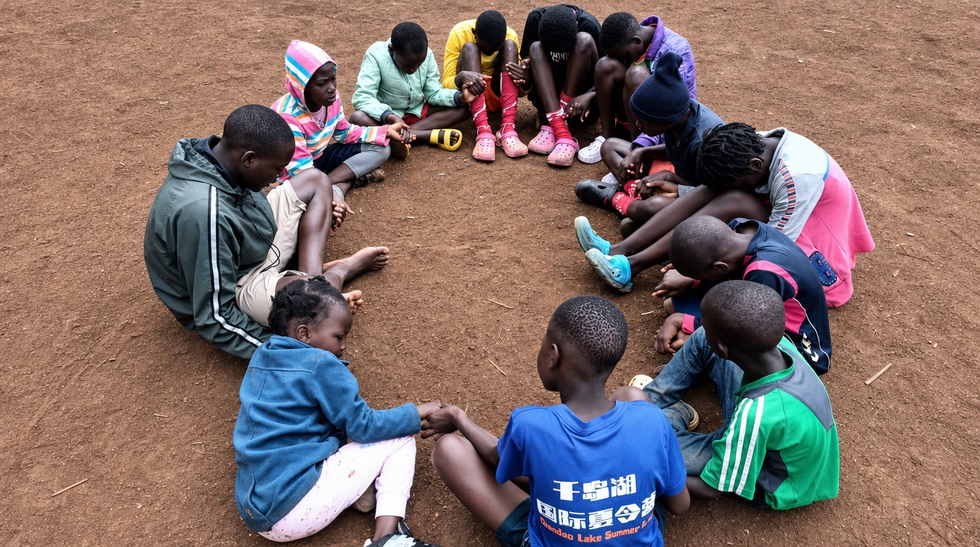 Children sitting in a prayer circle outdoors, heads bowed and hands joined