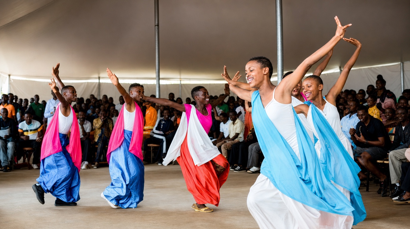Dancers performing a traditional dance for a seated crowd under a tent