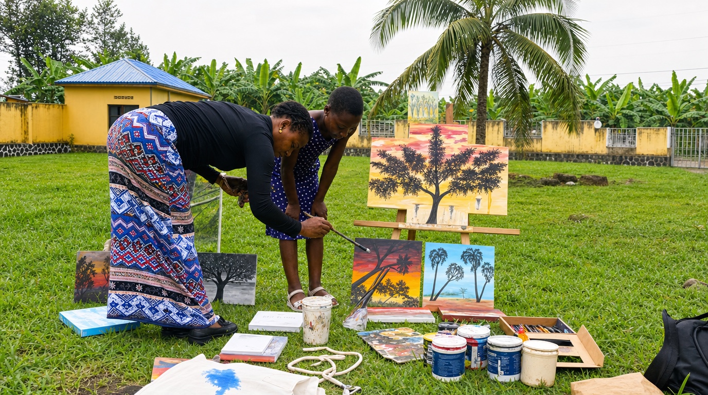 Students painting artwork together outdoors