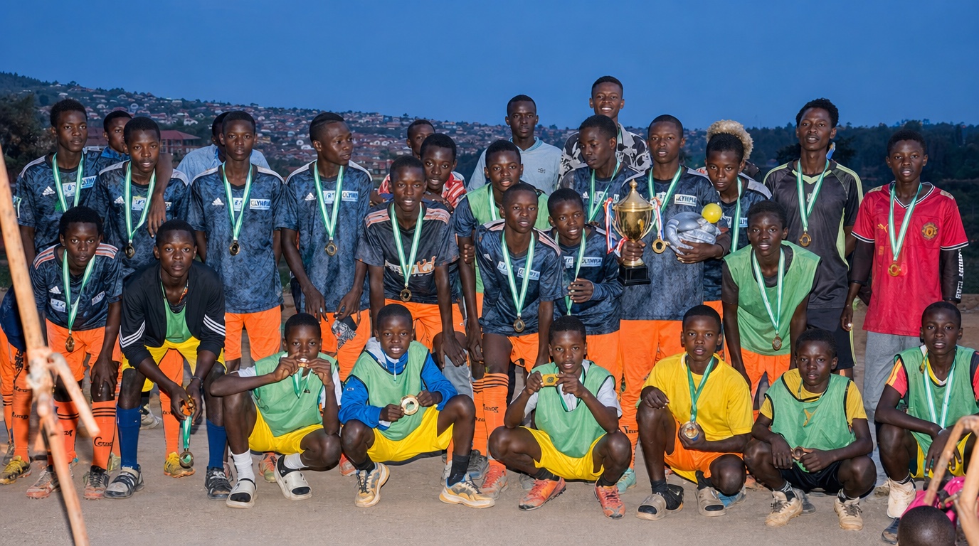A youth football team celebrating with medals and a trophy