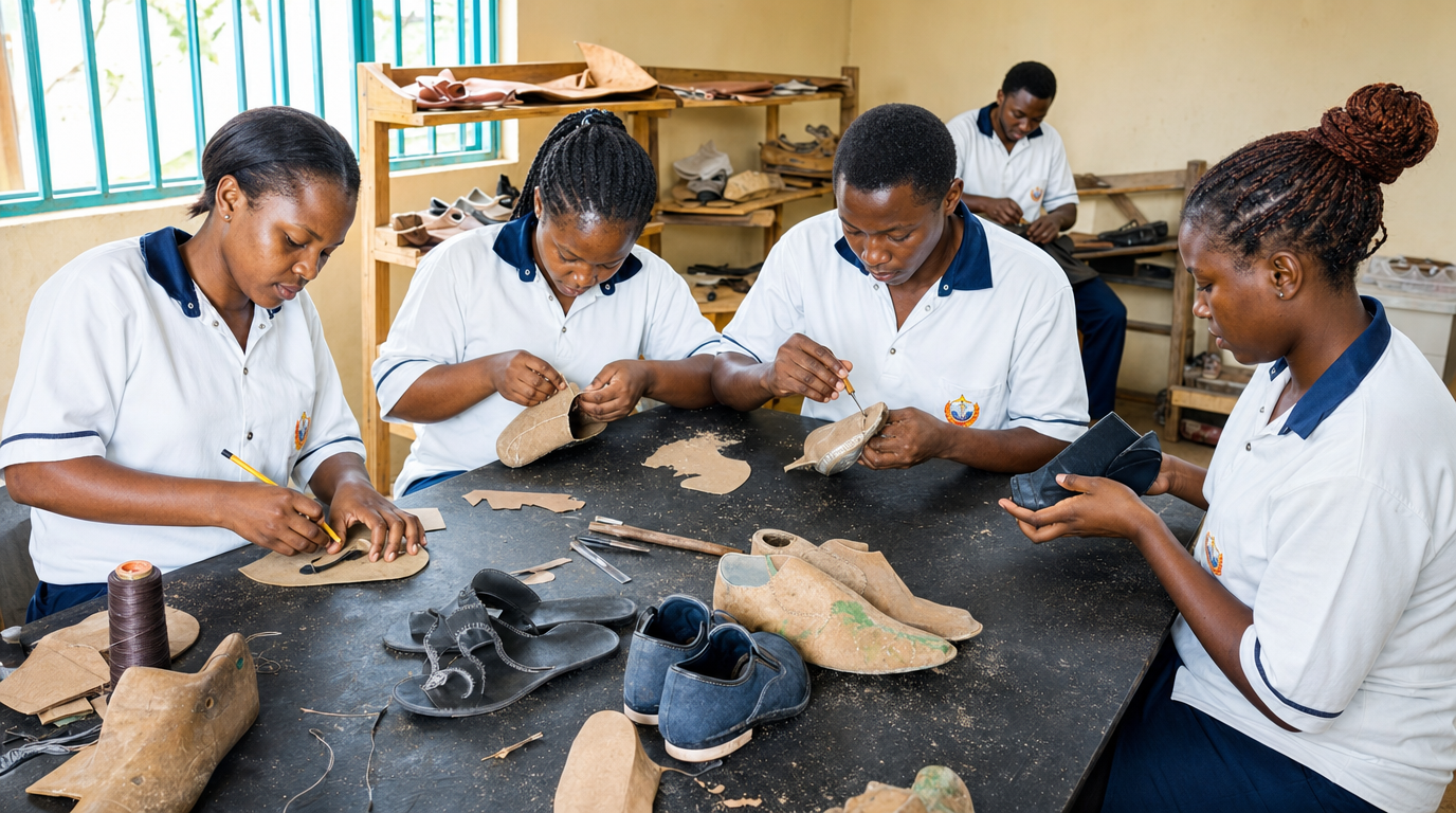 Students learning shoemaking around a workshop table